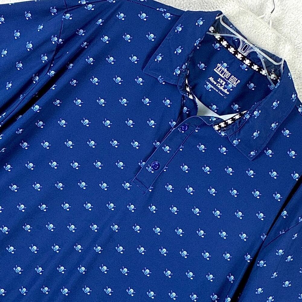 Tattoo Golf Polo Shirt Mens 2XL Blue Skull AOP Performance Stretch Preppy Beach